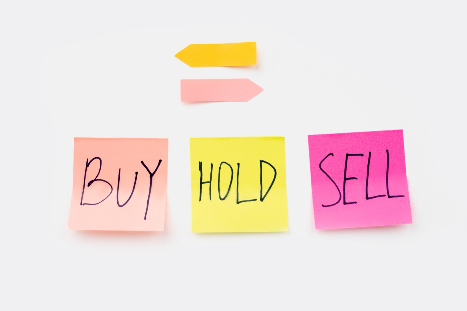 Sticky notes reading buy, hold and sell