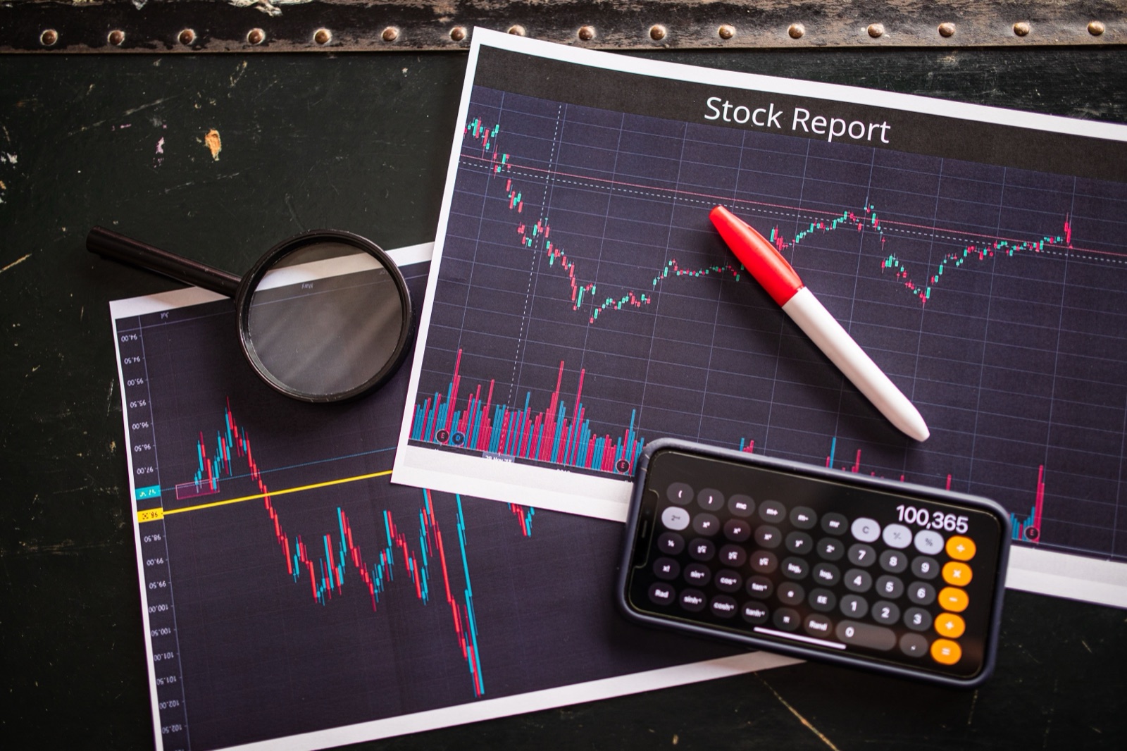 A candlestick stock price chart on a dark trading screen